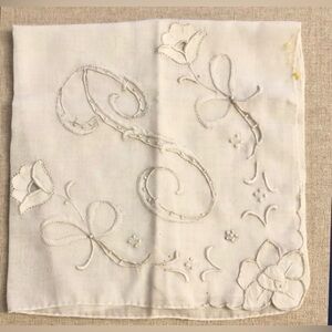 White Vintage Embroidered Monogram Handkerchief Script Initial “S”